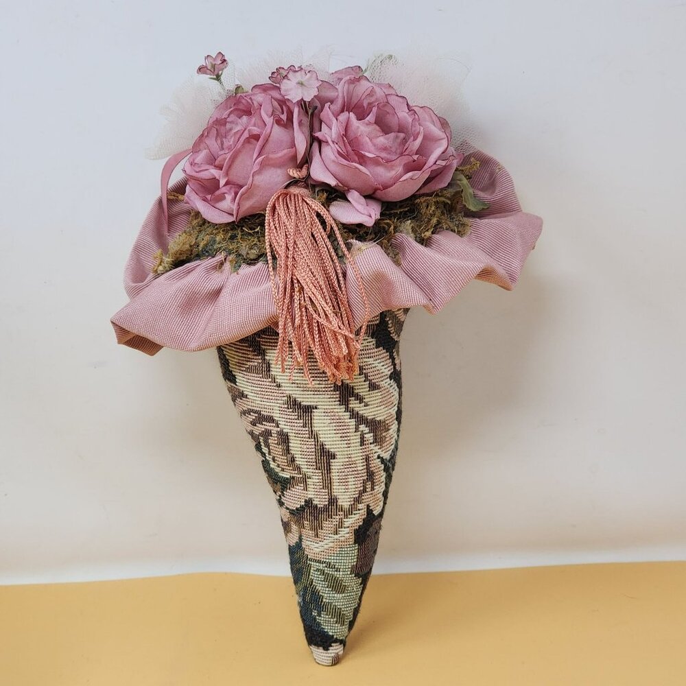 Vintage Musical‎ Floral Tapestry Wall Cone With Pink Fabric Roses & Tassel Decor